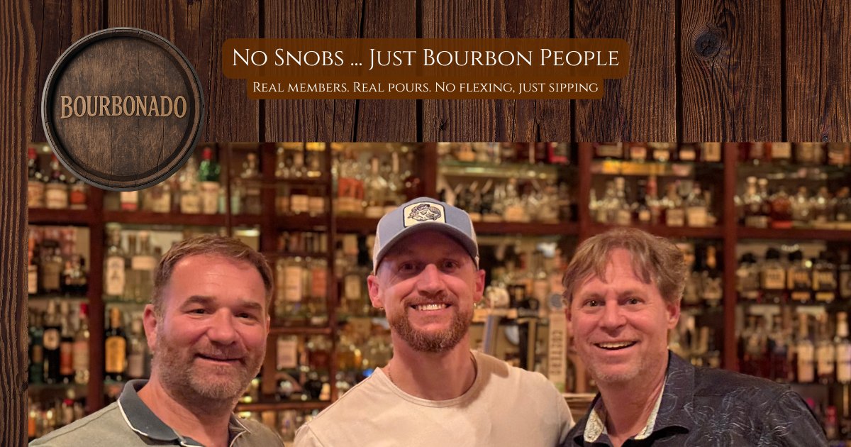Bourbonado members at a bourbon bar, under the words No Snobs, Just Bourbon People.